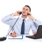 potrait of busy business man while working, multitasking concept